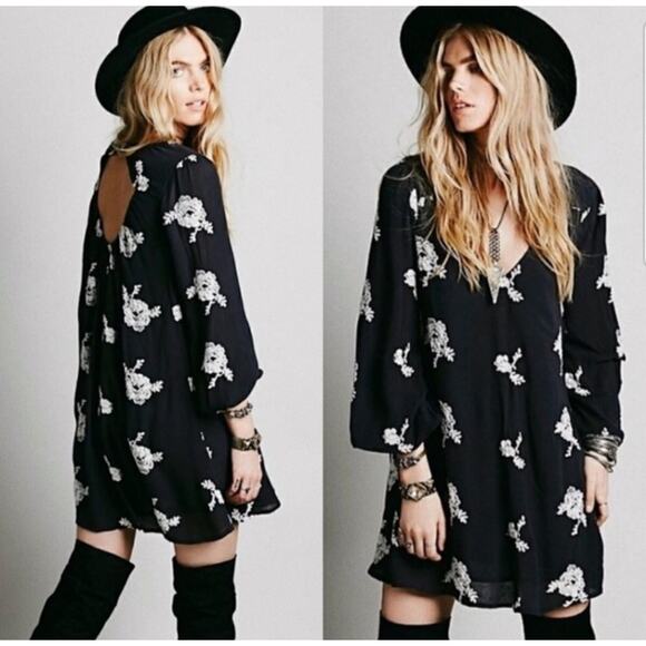 FREE PEOPLE Austin Black White Floral Embroidered Shift Mini Dress Boho Chic - Picture 7 of 7